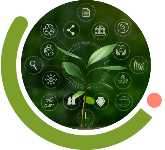 Green leaf plant surrounded by icons